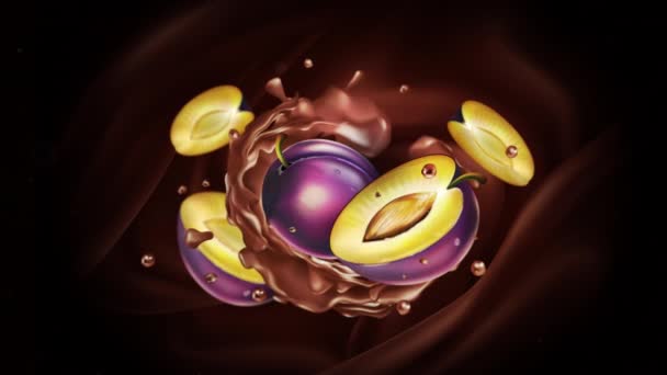 Animation von frischen Pflaumen in flüssiger Schokolade. — Stockvideo