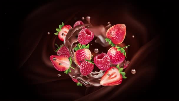 Animation von mit Schokolade überzogenen Erdbeeren und Himbeeren. — Stockvideo