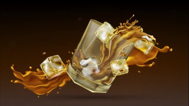 Animatie van spetterende whisky met ijsblokjes. — Stockvideo