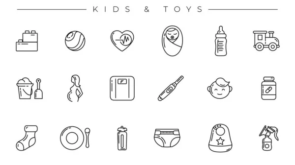 Kinder und Spielzeug Konzept Linie Stil Vektor Icons Set. — Stockvektor