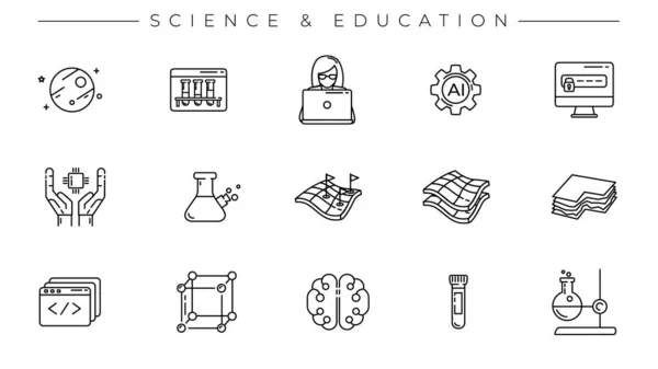 Ciencia y Educación concepto línea estilo vector iconos conjunto. — Vector de stock