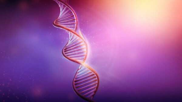 DNA Double Helix model on violet background, 3D render.
