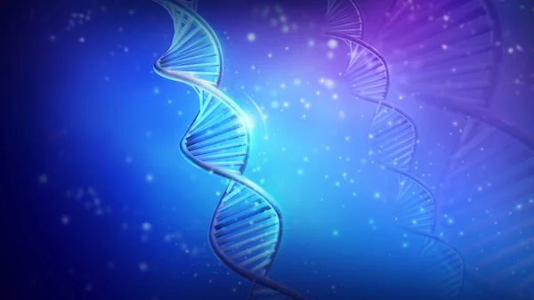 Подвійні спіральні нитки ДНК на синьому фоні, 3D візуалізація . — стокове фото