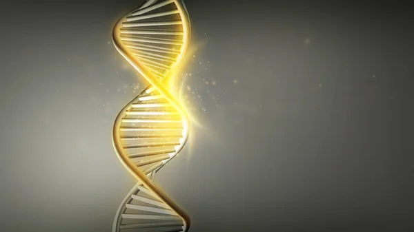 Golden glow of DNA strands double helix, 3D render. — Stock Photo, Image