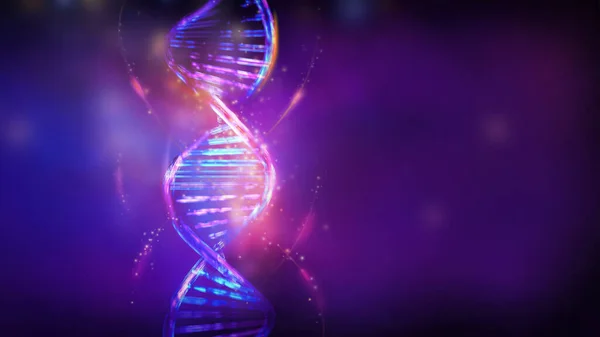 DNA luminoso dupla hélice em cores azuis violetas, renderização 3D. — Fotografia de Stock