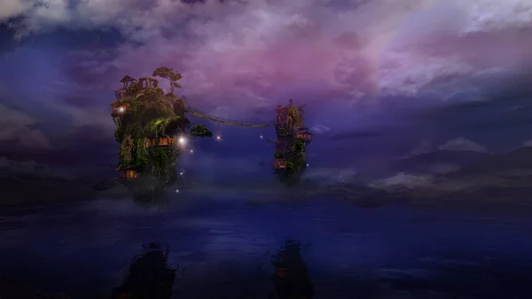 Fantastische fliegende Inseln über dem nächtlichen See, 3D-Rendering. — Stockfoto