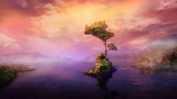 Paisaje colorido con una isla en el lago, 3D render. —  Fotos de Stock