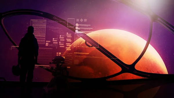 Астронавт и дроид у иллюминатора космического корабля, приближающегося к Марсу. — стоковое фото