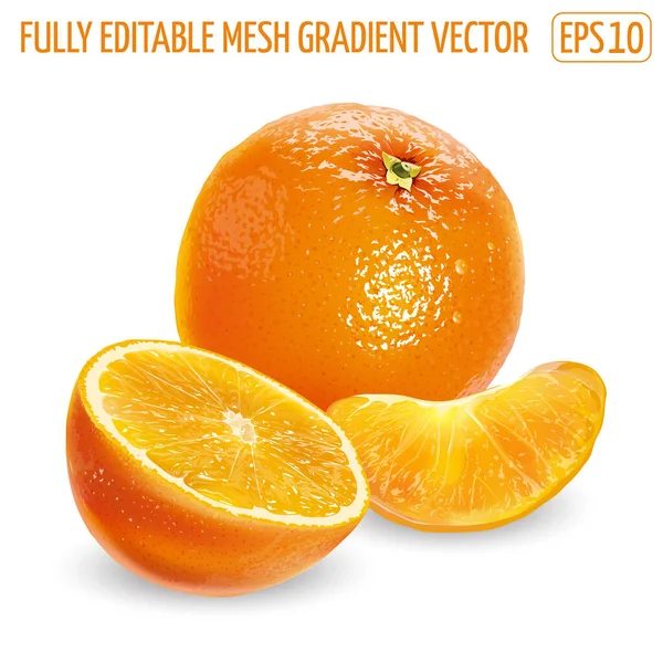 Una naranja entera con una mitad y una rebanada pelada sobre un fondo blanco. — Vector de stock