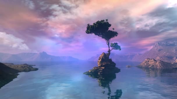 Fantastyczny kolorowy krajobraz z wyspą na jeziorze. — Wideo stockowe