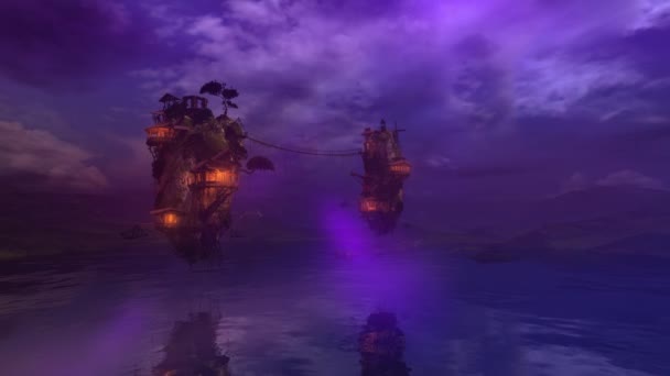 Fantastiques îles volantes au-dessus du lac de nuit. — Video