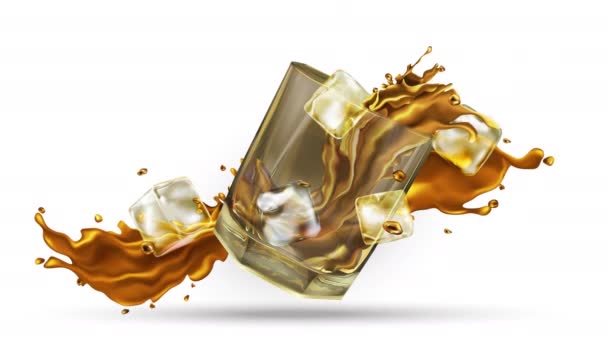 Gesplette whisky met ijsblokjes op het alfa kanaal. — Stockvideo