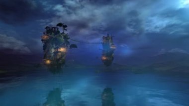 Gece gölü üzerinde uçan adaların manzarası.