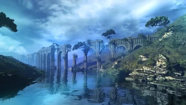 Fantastic landscape with a river and an aqueduct. — 图库视频影像