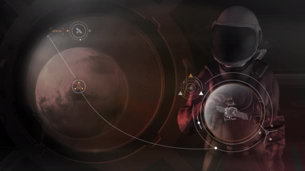 Astronaut pracuje s virtuálním panelem, 3D vykreslování. — Stock video