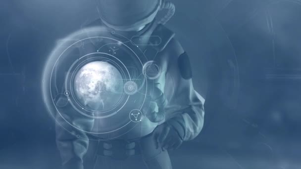 An astronaut in a spacesuit works on a virtual panel, 3D render. — Stock Video