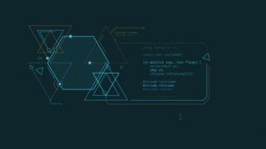Soyut kod ve geometrik şekillerin tekrarlanmış canlandırması HUD ögesi.