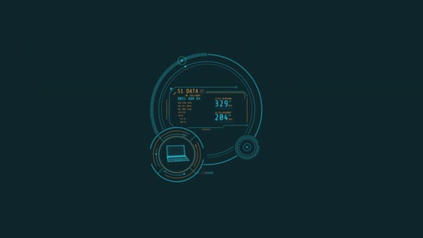 Loopas animering av öppen bärbar dator och data i cirklar HUD-element. — Stockvideo