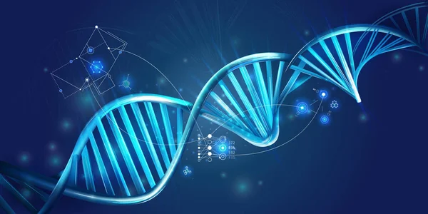 Spirale del DNA incandescente ed elementi HUD su uno sfondo blu scuro. — Vettoriale Stock