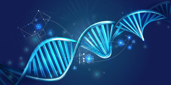Glowing DNA spiral and HUD elements on a dark blue background.