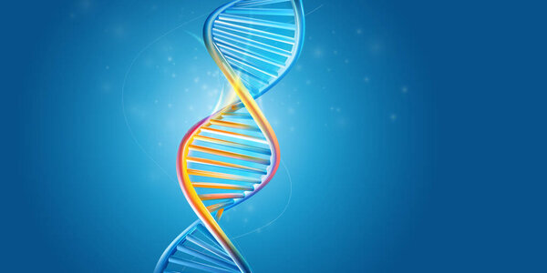 DNA molecule structure on a blue background.