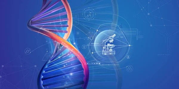 DNA doppia elica e infografica con microscopio. — Vettoriale Stock