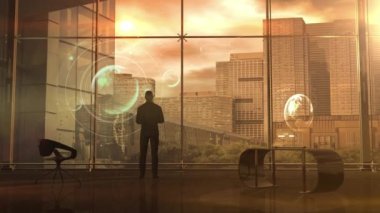 İş adamı ve holografik veri projeksiyonu, 3 boyutlu görüntüleme.