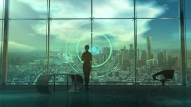 Kadın sanal bir arayüzde bilgi grafiklerini inceliyor, 3D görüntüleme.