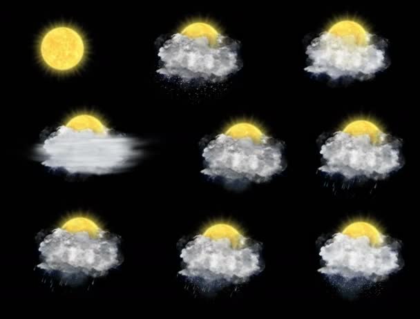 Набор значков погоды на тёмном фоне — стоковое видео