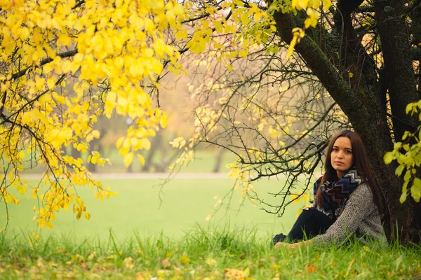 Einsame Frau, die sich an einem nebligen Herbsttag unter dem Baum am Wasser ausruht. einsame Frau genießt die Landschaft im Herbst. Herbsttag. Mädchen sitzt auf Gras horizontale Bild. — Stockfoto