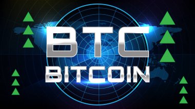 Dünya haritalı ve Bitcoin imzalı fütüristik ekran tarayıcı radarının soyut arkaplanı