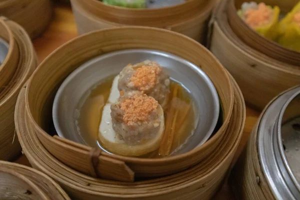 Nahaufnahme Der Sorte Dim Sum Bambuskorb — Stockfoto