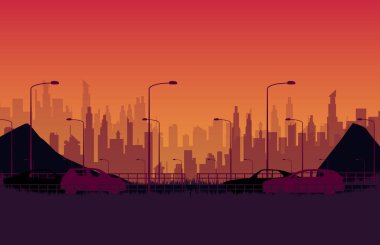 silhouette car on the road with city evening on orange gradient background