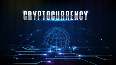 Dünya haritaları ve kripto para birimi metni ile gelecekteki teknoloji ekran hattı internet bağlantısının soyut arkaplanı