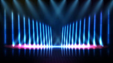 Mavi boş sahne ve neon ışıklı sahne arkaplanının soyut fütüristik arkaplanı