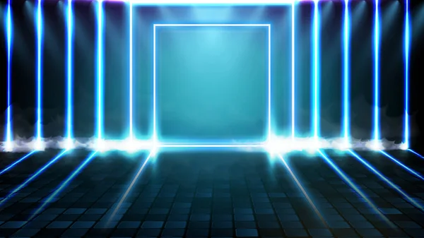 蓝色霓虹灯正方形框架的抽象未来派背景和照明云彩舞台背景 — 图库矢量图片