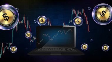 abstract background of futuristic technology bubble glowing Dollar Sign and graph chart on smart notebook computer