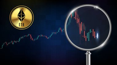 ethereum sikke dijital kripto para biriminin soyut fütüristik teknoloji arka planı büyüteç ve pazar grafik hacmi göstergesi