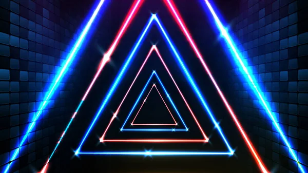 Abstraktní Futuristické Pozadí Modrého Neonového Trojúhelníku Rám Osvětlení Spotlgiht Pozadí — Stockový vektor