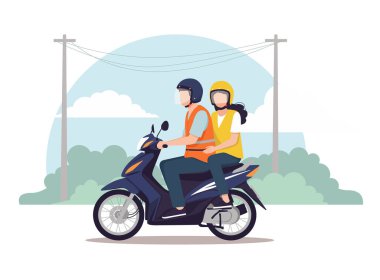 Taylandlı erkek ve kadın kask ve turuncu motosiklet takıp yelekleri kazandı. Kırsal bir yolda koyu mavi bir motosiklete bindiler, elektrik direklerini ve yeşil yaprakları açık mavi gökyüzünün altında geçtiler.