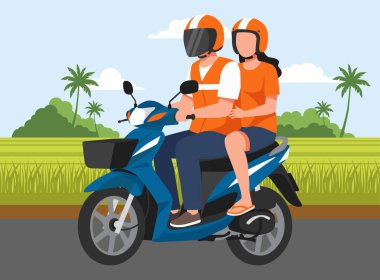 Tayland motorsiklet taksisi, Win Motorsai olarak bilinir, bir yolcu taşır. Her ikisi de kırsal alanda mavi bir scooter sürerken ikonik turuncu güvenlik yelekleri ve kasklar giyerler..