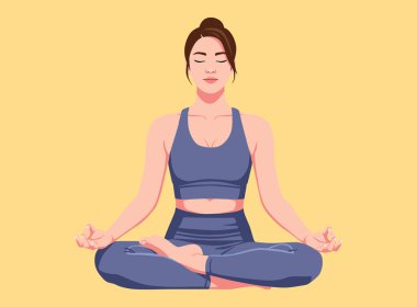 Sakin bir kadın nilüfer çiçeğiyle yoga meditasyonu yapıyor. Minimalist tasarım. Mavi spor giyimli bir kadın karakter.