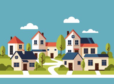 Kenar mahallelerde çeşitli modern evler, yeşil ağaçlar ve berrak mavi gökyüzünün altında dolambaçlı beyaz yollar ve tüylü beyaz bulutlar bulunur.