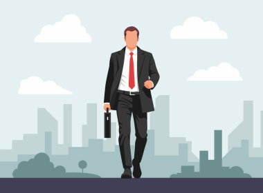 Siyah takım elbiseli ve kırmızı kravatlı profesyonel bir işadamı şehrin arka planında güvenli bir şekilde yürüyor bulutlu bir gökyüzünün altında bir evrak çantası taşıyor..