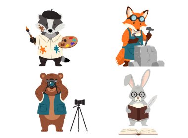 Dört sevimli orman hayvanı bir porsuk ressamı, tilki heykeltraş, ayı fotoğrafçısı ve farklı yaratıcı meslekleri ve sanatsal hobileri temsil eden tavşan yazarı.