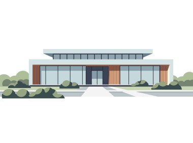 Modern minimalist ofis binası veya sergi salonu büyük cam pencereler, ahşap paneller ve basit yeşil çalılarla çevrili temiz mimari çizgiler.