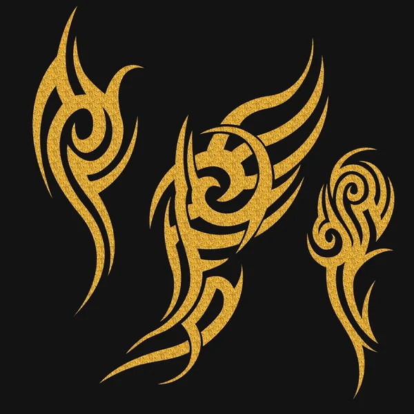 Gold tribal tattoo on a dark background . Gold illustration without transparency.