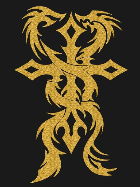 Croix d'or et illustration de dragons — Photo