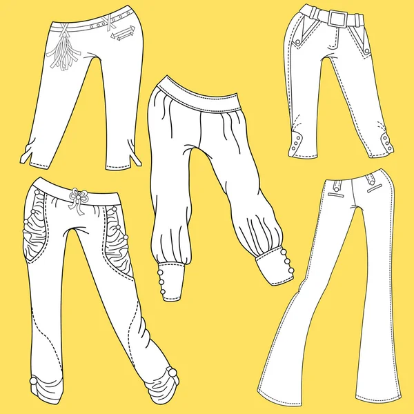 Platt mallen skissar av olika denim och jeanstyg kläder. Uppsättning av denim kläder — Stockfoto