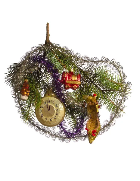 Vintage Christmas toys on the Christmas tree branch — Stock Photo, Image